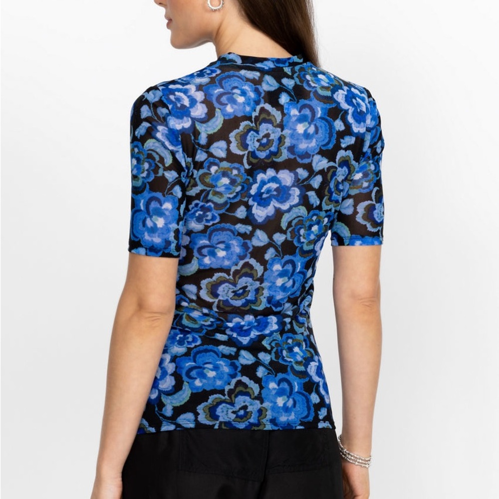 Johnny Was Blue Calanthe Mesh Top Allover Floral Print Stretchy Lg - Picture 8 of 9